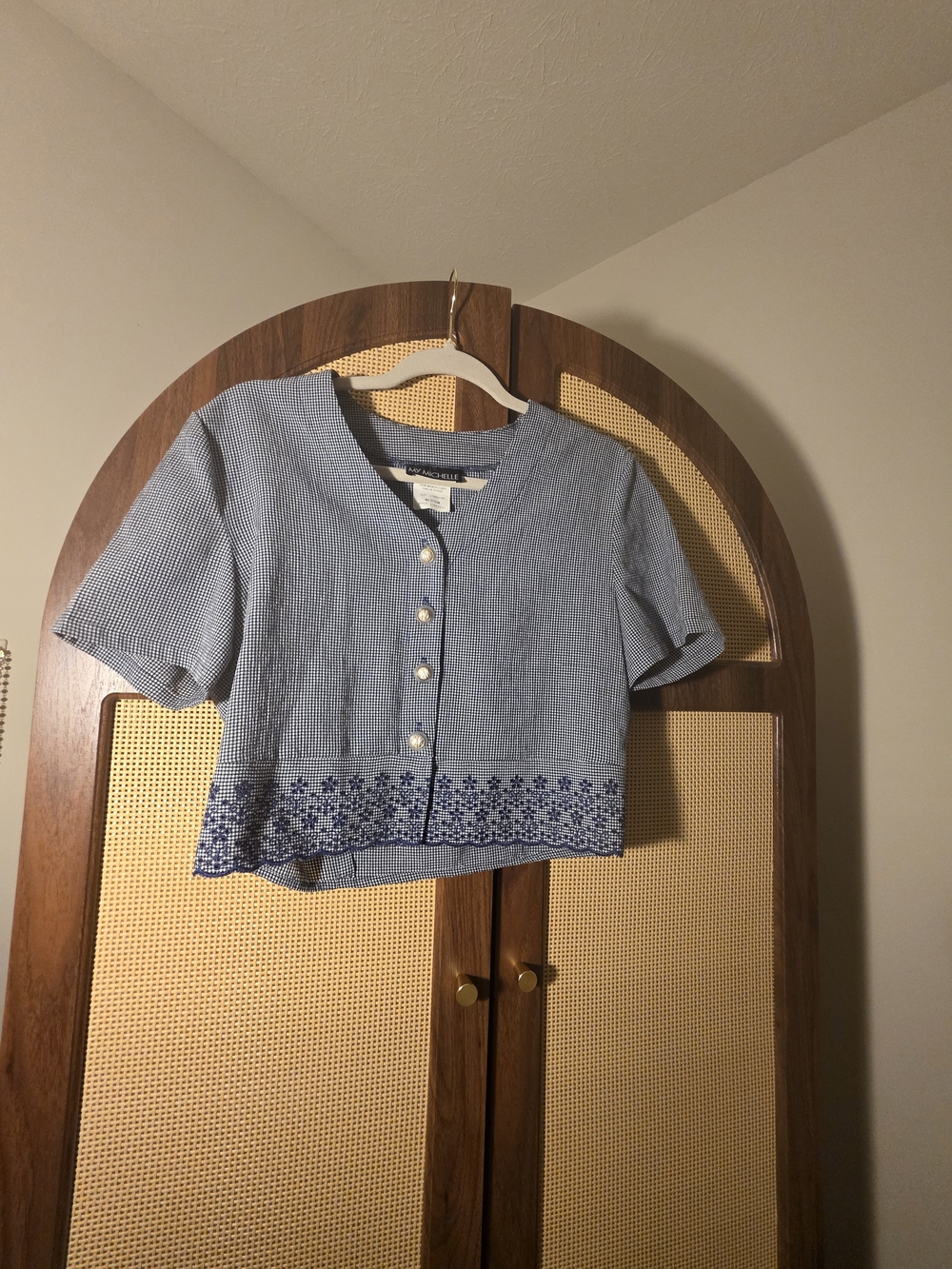 My Michelle Light Blue Cropped Button-Front Top with Navy Embroidery